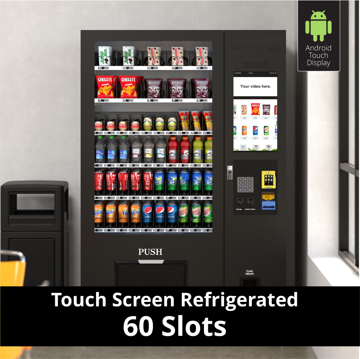 Kolvending Refrigerated Snack and Drink Vending Machine with 60 Slots and 22 Inch Touch Screen in Black